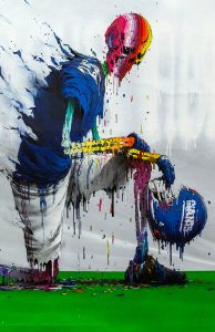 Brusk -  <strong>Perilous Fight? (detail)</strong> (2018<strong style = 'color:#635a27'></strong>)<bR /> aerosol paint and gouached felt on canvas, 
48 x 60 inches
