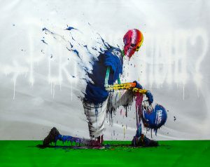 Brusk -  <strong>Perilous Fight?</strong> (2018<strong style = 'color:#635a27'></strong>)<bR /> aerosol paint and gouached felt on canvas, 
48 x 60 inches