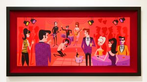 Josh  Agle (Shag) -  <strong>At the Peppermint Lounge</strong> (2014<strong style = 'color:#635a27'></strong>)<bR /> acrylic on panel, 
 18 x 40 inches 
(45.72 x 101.6 cm), 
 24 x 46 1/2 inches, framed