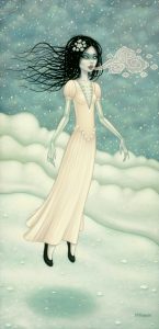Tara  McPherson -  <strong>The Snow Bride</strong> (2010<strong style = 'color:#635a27'></strong>)<bR /> oil on linen, stretched over panel, 
 40 x 20 inches 
(101.6 x 50.8 cm)