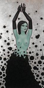 Tara  McPherson -  <strong>The Dark Matter Witch</strong> (2010<strong style = 'color:#635a27'></strong>)<bR /> oil and silver leaf on linen, stretched over panel, 
 30 x 15 inches 
(76.2 x 38.1 cm)