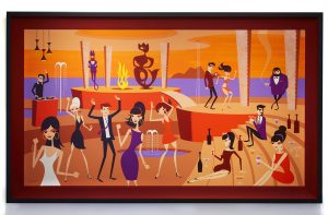 Josh  Agle (Shag) -  <strong>Dagon's Pad</strong> (2015<strong style = 'color:#635a27'></strong>)<bR /> acrylic on canvas, 
 41 x 73 inches 
(104.14 x 185.42 cm)