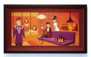Josh  Agle (Shag) -  <strong>Fourth Man on Fire</strong> (2015<strong style = 'color:#635a27'></strong>)<bR /> acrylic on canvas, 
 15 x 31 inches 
(38.1 x 78.74 cm)