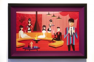 Josh  Agle (Shag) -  <strong>The Favorite Son</strong> (2015<strong style = 'color:#635a27'></strong>)<bR /> acrylic on canvas, 
 18 x 28 inches 
(45.72 x 71.12 cm)