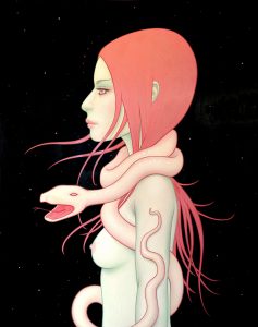 Tara  McPherson -  <strong>Cosmic Serpent</strong> (2013<strong style = 'color:#635a27'></strong>)<bR /> oil on wood panel, 
 30 x 24 inches 
(76.2 x 60.96 cm)