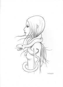 Tara  McPherson -  <strong>Cosmic Serpent</strong> (2013<strong style = 'color:#635a27'></strong>)<bR /> graphite on bristol, 
 12.5 x 9.5 inches 
(31.75 x 24.13 cm) 
25.38 x 22.25 inches, framed