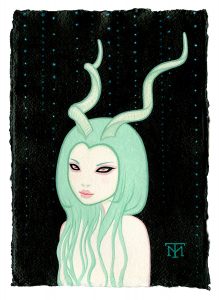 Tara  McPherson -  <strong>Deer Girl</strong> (2013<strong style = 'color:#635a27'></strong>)<bR /> acrylic on watercolor paper, 
 8.3 x 5.8 inches 
(21.08 x 14.73 cm) 
20.63 x 18.25 inches, framed