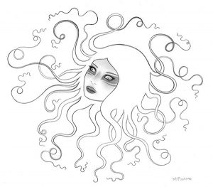 Tara  McPherson -  <strong>Inertia</strong> (2013<strong style = 'color:#635a27'></strong>)<bR /> graphite on bristol, 
 11.75 x 13.38 inches 
(29.85 x 33.97 cm) 
25.88 x 24 inches, framed