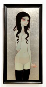 Tara  McPherson -  <strong>Lightning Bolts in My Chest</strong> (2014<strong style = 'color:#635a27'></strong>)<bR /> oil and silver leaf on panel, 
 48 x 21 inches 
(121.92 x 53.34 cm), 
 52 x 25 inches, framed