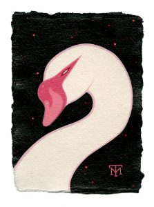 Tara  McPherson -  <strong>Swan</strong> (2013<strong style = 'color:#635a27'></strong>)<bR /> acrylic on watercolor paper, 
 5.8 x 4.1 inches 
(14.73 x 10.41 cm) 
18.63 x 16.75 inches, framed