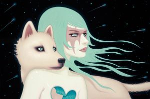 Tara  McPherson -  <strong>The Wanderers</strong> (2013<strong style = 'color:#635a27'></strong>)<bR /> oil on wood panel, 
 24 x 36 inches 
(60.96 x 91.44 cm)