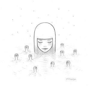 Tara  McPherson -  <strong>Umibozu Lake</strong> (2013<strong style = 'color:#635a27'></strong>)<bR /> graphite on bristol, 
 9 x 8.75 inches 
(22.86 x 22.23 cm) 
21.25 x 21.25 inches, framed