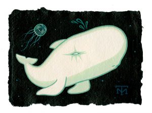 Tara  McPherson -  <strong>Space Whale</strong> (2013<strong style = 'color:#635a27'></strong>)<bR /> acrylic on watercolor paper, 
 4.1 x 5.8 inches 
(10.41 x 14.73 cm) 
17 x 18.25 inches, framed