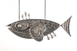 Josh  Agle (Shag) -  <strong>Fish Sculpture 1</strong> (2008<strong style = 'color:#635a27'></strong>)<bR /> Hand carved and hand painted Wood, 
 21 x 10 inches