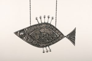 Josh  Agle (Shag) -  <strong>Fish Sculpture 3</strong> (2008<strong style = 'color:#635a27'></strong>)<bR /> Hand Carved and Hand Painted Wood, 
 22 x 13 1/2 inches
