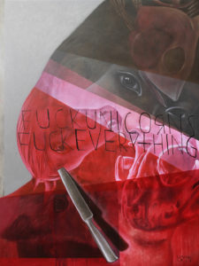 Lynyrd Paras -  <strong>Fuck Unicorns Fuck Everything</strong> (2019<strong style = 'color:#635a27'></strong>)<bR /> 30 x 40 inches
oil on canvas