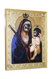 Mark Doox -  <strong>Our Lady And Child of Minstrelsy And Second Amendment Solutions</strong> (2019<strong style = 'color:#635a27'></strong>)<bR /> 36 x 48 x 2.5 inches
mixed-media acrylic collage painting on gold painted framed wood panel