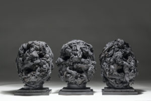 Ronald Gonzalez -  <strong>THREE GROTEQUE HEADS - KNOTS</strong> (2017<strong style = 'color:#635a27'></strong>)<bR /> 10 x 7 x 8 each. Leather, found objects, wire, wax, carbon, screws, and metal filings over welded steel armatures.