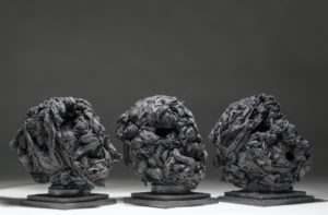 Ronald Gonzalez -  <strong>THREE GROTEQUE HEADS - KNOTS</strong> (2017<strong style = 'color:#635a27'></strong>)<bR /> 10 x 7 x 8 each. Leather, found objects, wire, wax, carbon, screws, and metal filings over welded steel armatures.