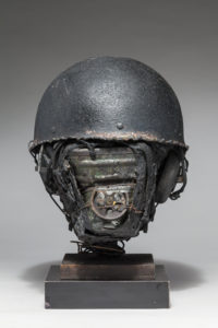 Ronald Gonzalez -  <strong>WAR RELICS # 2</strong> (2018-19<strong style = 'color:#635a27'></strong>)<bR /> Approx. 12 x 11 x 12. Leather, found objects, wire, wax, carbon, screws, and metal filings over welded steel armatures