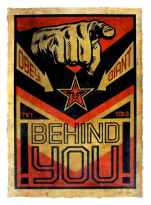 Shepard Fairey, Behind You (2009), stencil, silkscreen, and collage on paper, 42 x 29 inches, HPM 6/12. 