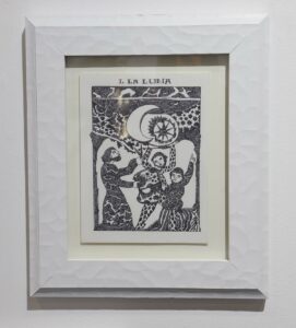 Erik Pyontek -  <strong>I. La Luna</strong> (2021<strong style = 'color:#635a27'></strong>)<bR /> pen and ink on paper, 8 x 6 inches (paper size), 10 x 8 inches (framed), Sold