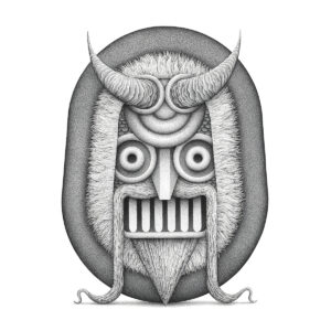 Aaron Robert Baker -  <strong>Head (Big Krampus)</strong> (2022<strong style = 'color:#635a27'></strong>)<bR /> archival ballpoint pen on stonehenge mounted to cradled panel, 18 x 18 inches (paper size), 20 x 20 inches (framed), $2,600