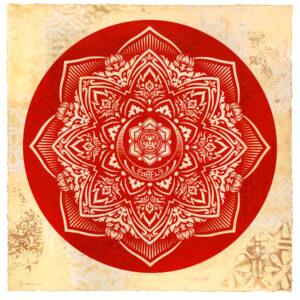 Shepard Fairey -  <strong>Crescent Mandala</strong> (2018<strong style = 'color:#635a27'></strong>)<bR /> silkscreen and mixed media collage on paper (HPM), 30.25 x 30 inches, edition 6/10, $10,000 (Piece comes framed)