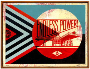 Shepard Fairey -  <strong>Endless Power Petrol Palace</strong> (2020<strong style = 'color:#635a27'></strong>)<bR /> silkscreen and mixed media collage on wood (HPM), 24 x 18 inches, edition 4/6, $4,000
