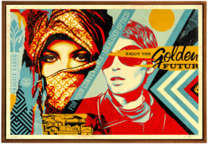 Shepard Fairey -  <strong>Golden Future</strong> (2020<strong style = 'color:#635a27'></strong>)<bR /> silkscreen and mixed media collage on wood (HPM), 24 x 35 inches, edition 4/6, $7,500, Sold