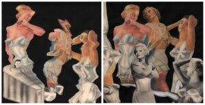 Winston Smith -  <strong>Break a Leg / Wiggle Room (set of 2)</strong> (2013<strong style = 'color:#635a27'></strong>)<bR /> hand cut collage on paper,
12 x 12 inches each (pieces come unframed), $5,500