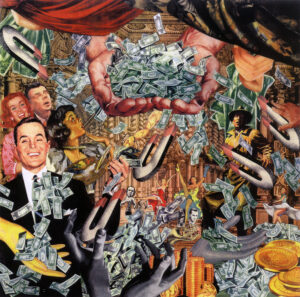 Winston Smith -  <strong>Scrambling for the Arts (Jackpot Center Stage) - Illustration for San Jose Metro Magazine</strong> (2001<strong style = 'color:#635a27'></strong>)<bR /> hand cut collage on paper,
12 x 12 inches (piece comes unframed),
2,800