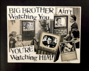 Winston Smith -  <strong>Big Brother Ain't Watching You</strong> (1984<strong style = 'color:#635a27'></strong>)<bR /> hand cut collage on paper,
8.5 x 11 inches (piece comes unframed), Sold