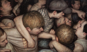 Dan Witz -  <strong>Mosh Pit 2 Copy,</strong> (2023<strong style = 'color:#635a27'></strong>)<bR /> Oil on canvas,
18 x 30 inches