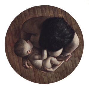 Dan Witz -  <strong>Mother Child Tondo,</strong> (2019<strong style = 'color:#635a27'></strong>)<bR /> Oil on aluminum, 
24 x 24 inches