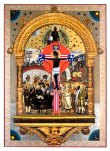 Mark Doox -  <strong>The Transformative Cross of the Coon Christ Crucified: Or the Alleged Apotheosis of Saint Sambo at the Signing of the Declaration of Independence: Or A Superhero and Patriot Pleasing Unto Absentee Founding Fathers and Men of All Stripes,</strong> (2024<strong style = 'color:#635a27'></strong>)<bR /> Mixed-media: acrylic, collage, pigmented ink, gold metal leaf, gold foil, silver foil, on cradled wood panel, 
84 x 60 inches