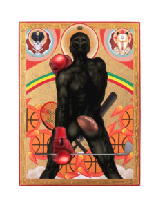 Mark Doox -  <strong>The Black God of African American Mock War and the Instruments of His Passion,</strong> (2024<strong style = 'color:#635a27'></strong>)<bR /> Mixed-media: acrylic, collage, pigmented ink, gold metal leaf, gold foil, on cradled wood panel,
16 x 12 inches