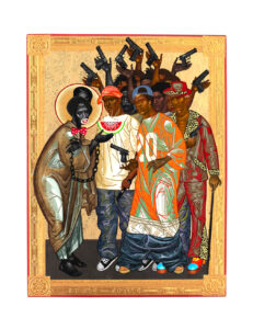 Mark Doox -  <strong>Saint Sambo Meets the Ten Brothas of Ill Intent,</strong> (2024<strong style = 'color:#635a27'></strong>)<bR /> Mixed-media: acrylic, collage, pigmented ink, gold metal leaf, gold foil, on cradled wood panel,
16 x 12 inches