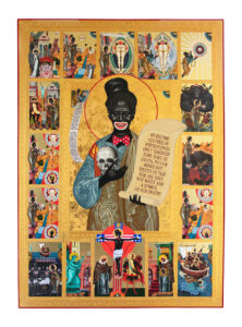 Mark Doox -  <strong>The Vita of Saint Sambo (Meditation of Whiteousness) and 16 Scenes from His Life,</strong> (2024<strong style = 'color:#635a27'></strong>)<bR /> Mixed-media: acrylic, collage, pigmented ink, gold metal leaf, gold foil, on cradled wood panel, 
84 x 60 inches