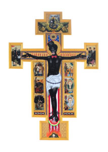 Mark Doox -  <strong>The Vita of Saint Sambo and the Burning Cross of Liberty: with 6 Scenes From His Earthly Life and Ministry, and Other Images,</strong> (2024<strong style = 'color:#635a27'></strong>)<bR /> Mixed-media: acrylic, collage, pigmented ink, gold metal leaf, gold foil, on handcrafted gold-painted framed cradled wood cross,
60 x 48 inches