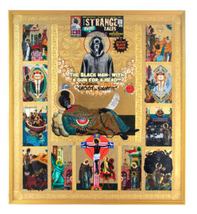 Mark Doox -  <strong>St. Sambo’s Visionary Dream: Strange Tales of the ENIGGERMA including 9 Scenes from His Life,</strong> (2024<strong style = 'color:#635a27'></strong>)<bR /> Mixed-media: acrylic, collage, pigmented ink, gold metal leaf, gold foil, on handcrafted gold-painted framed and cradled wood panel, 
60 ¾ x 55 ¼ inches