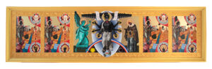 Mark Doox -  <strong>Deesis: The Pure and Absurd Glory of the Super Stigmata of the Cosmic Coon Christ with Additional Icons of Saint Sambo’s Four Key Visions of the Divine Economy of the Plantation of God,</strong> (2024<strong style = 'color:#635a27'></strong>)<bR /> Mixed-media: acrylic, collage, pigmented ink, gold metal leaf, gold foil, on handcrafted gold-painted framed cradled wood panel,
16 x 60 inches