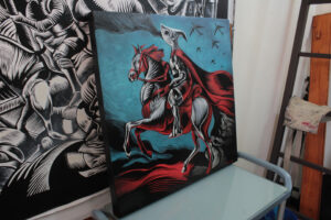 Tomo77 -  <strong>The Red Rider,</strong> (2024<strong style = 'color:#635a27'></strong>)<bR /> Oil on canvas,
24 x 24 inches