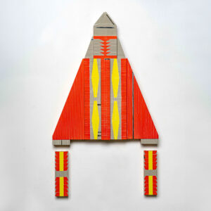 Kumkum Fernando -  <strong>Flying Mary</strong> (2024<strong style = 'color:#635a27'></strong>)<bR /> Mixed media — up-cycled wooden frame
and stainless steel, brass embellishments,
H43 x w25 x D3