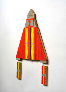 Kumkum Fernando -  <strong>Flying Mary,</strong> (2024<strong style = 'color:#635a27'></strong>)<bR /> Mixed media — up-cycled wooden frame 
and stainless steel, brass embellishments,
H43 x w25 x D3