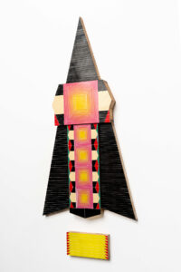 Kumkum Fernando -  <strong>Rocket - Black Sal Mal,</strong> (2024<strong style = 'color:#635a27'></strong>)<bR /> Mixed media — up-cycled wooden frame 
and stainless steel, brass embellishments,
H50 x W30 x D3