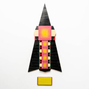 Kumkum Fernando -  <strong>Rocket - Black Sal Mal,</strong> (2024<strong style = 'color:#635a27'></strong>)<bR /> Mixed media — up-cycled wooden frame 
and stainless steel, brass embellishments,
H50 x W30 x D3